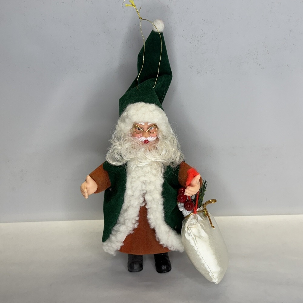 Vtg Flocked Santa Clause Father Christmas‎ Ornament Green Coat White Toy Sack